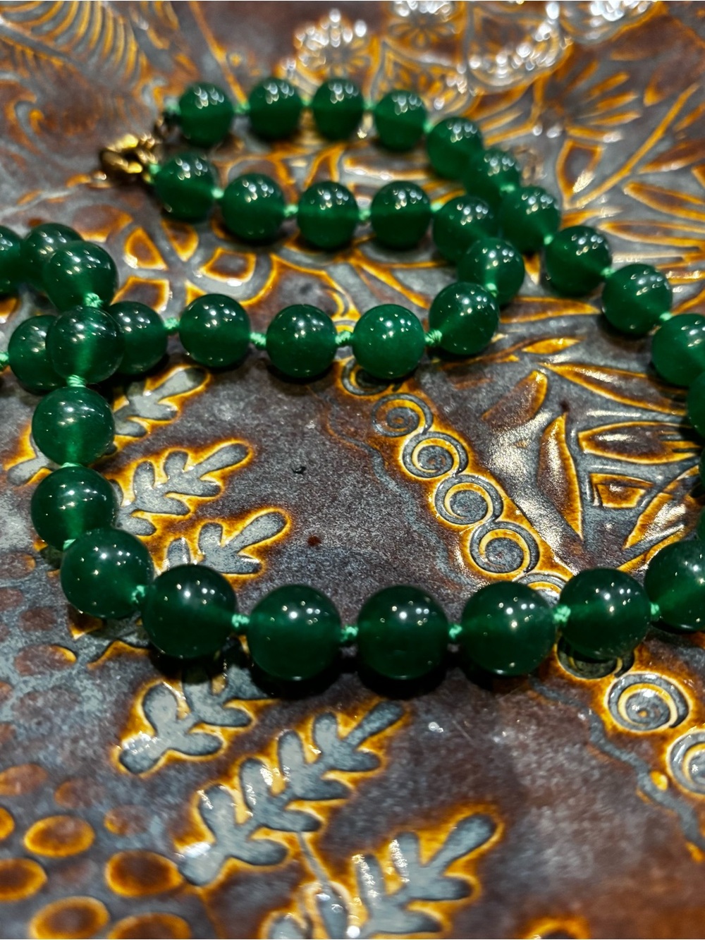 Green Stone Hand Knotted 19-1/2" Beaded Necklace With Secure Brass Clasp